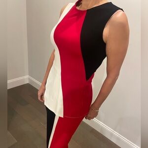 STAUD Red, Black & White Sleeveless Colorblock Midi Dress